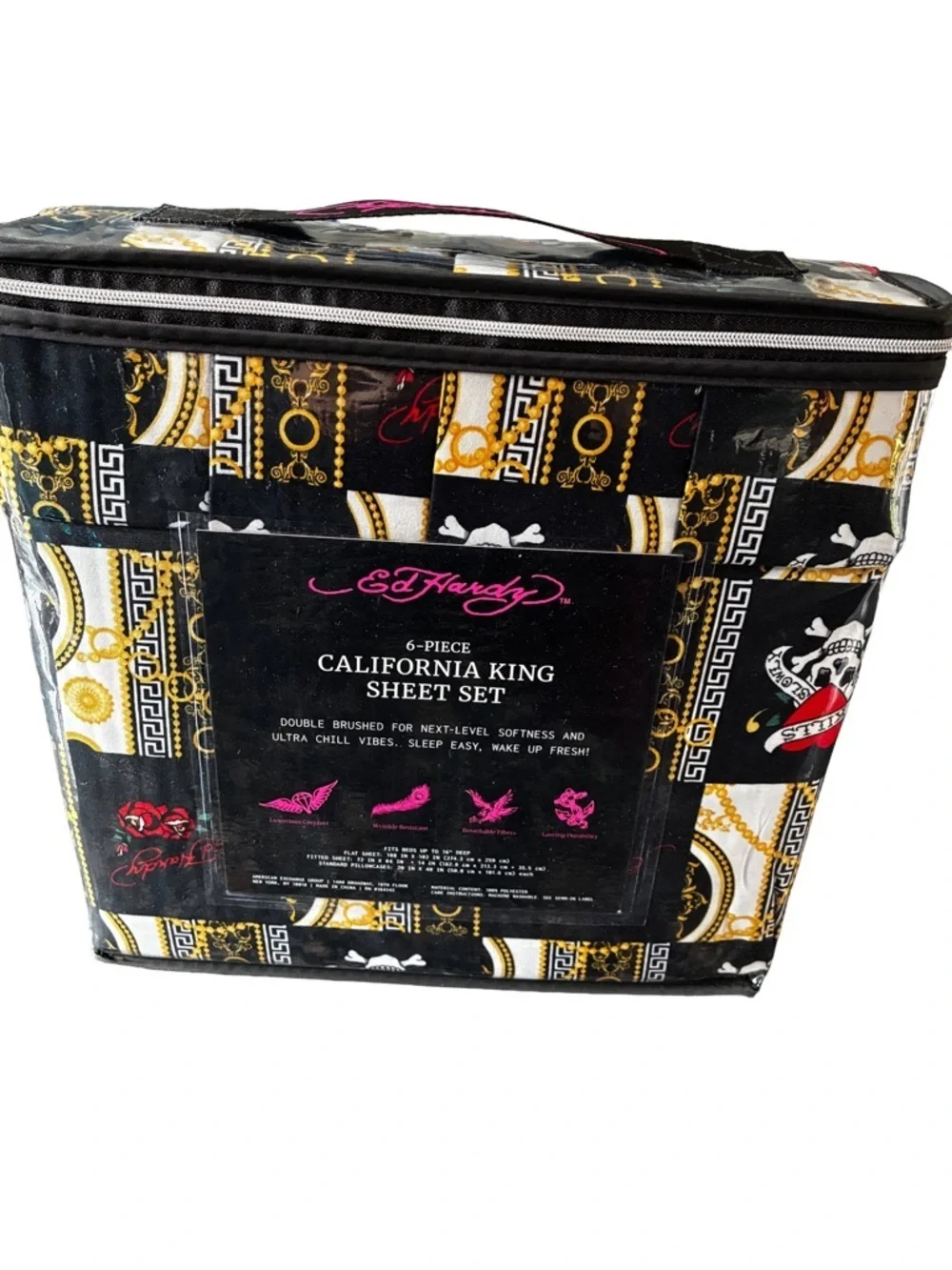 NWT Ed Hardy Cal King 6pc Sheet Set Love Kills Slowly Tiger Black Gold